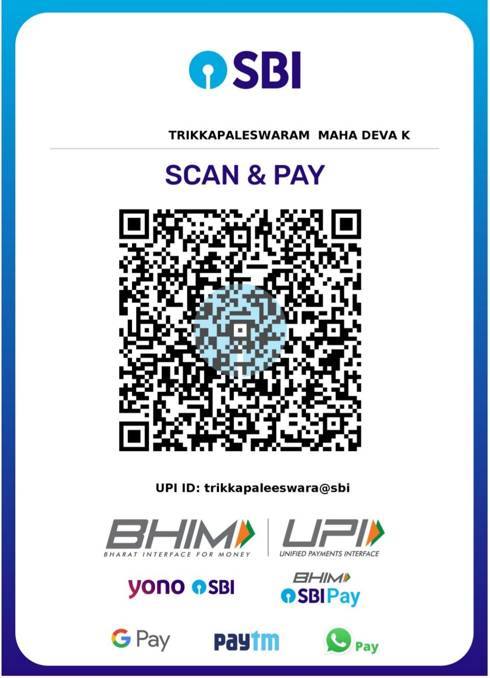 UPI QR code for Trikkapaleswaram Maha Deva Kshetram (trikkapaleeswara@sbi)